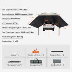 Vehicle Awning, Large 10' x 7' Shade Coverage Car Side Awning, PU2000mm UV50+ Car Awning with Extended Side Canopies and Portable Storage Bag, Suitable for Truck, SUV, Van, Campers