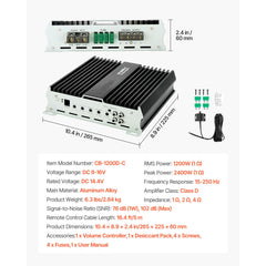 Monoblock Car Amplifier, 1200W RMS MAX, 1/2/4 Ohm Stable, 1-Channel Class D Car Audio Amplifier with Remote Subwoofer Level Control, Low Pass Filter, Bass Boost & Phase Shift, Volume Controller