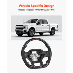 Steering Wheel for 2021-2024 Ford F150, Carbon Fiber Steering Wheel D-Shaped Flat-Bottom, Leather Grip with Non-Slip Texture & Precise Stitching, Accessories Replacement for Ford F150, Black