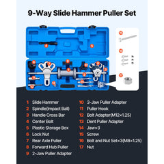 9-Way Slide Hammer Puller Set, 15PCS Front Wheel Hub Bearing Remover & Rear Wheel Axle Hub Dent Shaft Puller Tool Kit, Axle Bearing Puller Tool Kit and Slide Hammer Remover Set with Carry Box