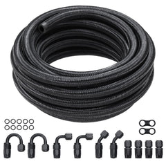 8AN Fuel Line Kit, 6.1 m Fuel Hose Kit, 1.0 cm Nylon Stainless Steel Braided Fuel Line Oil/Gas/Diesel Hose End Fitting Kit, with 12 PCS Swivel Fitting Adapter Kit, Black