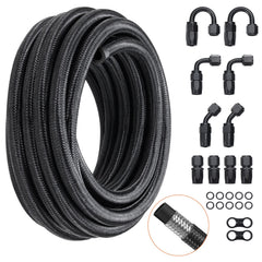 8AN Fuel Line Kit, 6.1 m Fuel Hose Kit, 1.0 cm Nylon Stainless Steel Braided Fuel Line Oil/Gas/Diesel Hose End Fitting Kit, with 12 PCS Swivel Fitting Adapter Kit, Black