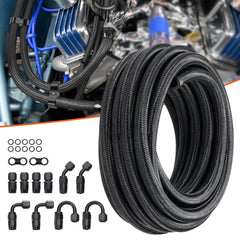 8AN Fuel Line Kit, 6.1 m Fuel Hose Kit, 1.0 cm Nylon Stainless Steel Braided Fuel Line Oil/Gas/Diesel Hose End Fitting Kit, with 12 PCS Swivel Fitting Adapter Kit, Black