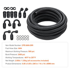 6AN Fuel Line Kit, 6.1 m Fuel Hose Kit, 0.86 cm Nylon Stainless Steel Braided Fuel Line Oil/Gas/Diesel Hose End Fitting Kit, with 12 PCS Swivel Fitting Adapter Kit, Black