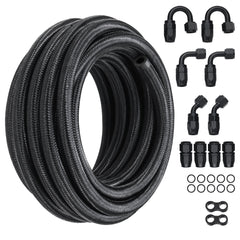 6AN Fuel Line Kit, 6.1 m Fuel Hose Kit, 0.86 cm Nylon Stainless Steel Braided Fuel Line Oil/Gas/Diesel Hose End Fitting Kit, with 12 PCS Swivel Fitting Adapter Kit, Black