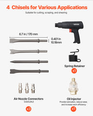 Air Hammer, 2500-2700BPM Pneumatic Hammer with 70mm Stroke & 4PCS 170mm Long Barrel Chisels, Pistol-Grip Compact Air Chisel Pneumatic Shovel Tool for Cutting Scraping Demolishing