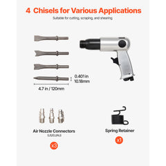 Air Hammer, 3500BPM Pneumatic Hammer with 70mm Stroke & 4PCS Chisels Round Shank, Pistol-Grip Compact Air Chisel Pneumatic Shovel Tool for Cutting Punching Scraping
