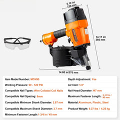 MCN90 Coil Framing Nailer 45mm to 90mm 15 Degree Pneumatic Nail Gun