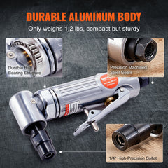 Air Angle Die Grinder, 1/4" Right Angle Die Grinder (20000RPM), Heavy Duty 90-Degree Angled Air Powered, 24PCS Discs for Grinding, Polishing, Deburring, Rust Removal