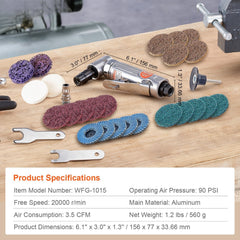 Air Angle Die Grinder, 1/4" Right Angle Die Grinder (20000RPM), Heavy Duty 90-Degree Angled Air Powered, 24PCS Discs for Grinding, Polishing, Deburring, Rust Removal