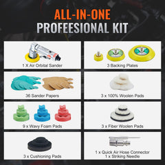 58PCS Air Sander Kit 1/2/3in Random Orbital Air Sander Polisher 15000r/min