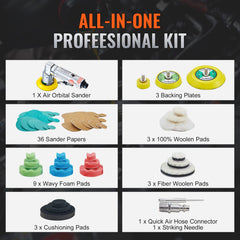 58PCS Air Sander Kit 1/2/3in Random Orbital Air Sander Polisher 15000r/min
