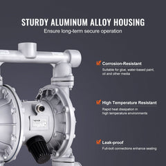 Air Operated Double Diaphragm Pump, 44GPM, Max 115PSI Air Waste Oil Pneumatic Transfer Pump with 2 Extra Diaphragms, 3.8cm Inlet & Outlet Aluminum Alloy Diaphragm Pump for Diesel Grease Oil