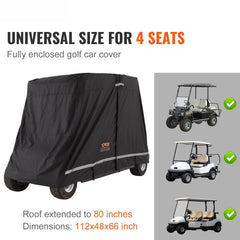 4 Passenger Golf Cart Cover, 600D Polyester Full Cover, Universal Fits for Most Brand Club Car Covers, Waterproof, Sunproof, and Dustproof Outdoor Golf Cart Cover with Three Zipper Doors, Black