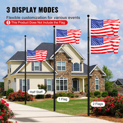 25FT Telescopic Flagpole Kit, Heavy Duty Aluminum Alloy Flag Pole Kit in Ground for Outside, 3 Display Modes Flagpole with Professional Accessories, Black