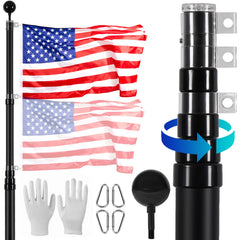 25FT Telescopic Flagpole Kit, Heavy Duty Aluminum Alloy Flag Pole Kit in Ground for Outside, 3 Display Modes Flagpole with Professional Accessories, Black