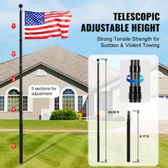 25FT Telescopic Flagpole Kit, Heavy Duty Aluminum Alloy Flag Pole Kit in Ground for Outside, 3 Display Modes Flagpole with Professional Accessories, Black