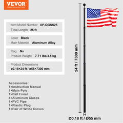 25FT Telescopic Flagpole Kit, Heavy Duty Aluminum Alloy Flag Pole Kit in Ground for Outside, 3 Display Modes Flagpole with Professional Accessories, Black