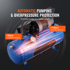 12V Air Compressor with Tank 1.6 Gallon/6 L, Train Horn Air Compressor, 120 psi Working Pressure Onboard Air Compressor System for Train Air Horns, Inflating Tires, Air Mattresses