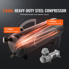 Train Horns Kit, 4 Trumpet Air Horn Kit, 150dB Train Horns for Pickup Trucks, 12V 160 psi Air Compressor 2.6 Gal/10 L Tank with Gauge for Any 12V Vehicle Car Truck Train Van Boat