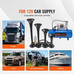 Train Horns Kit, 4 Trumpet Air Horn Kit, 150dB Train Horns for Pickup Trucks, 12V 120 psi Air Compressor 1.6 Gal/6 L Tank with Gauge for Any 12V Vehicle Car Truck Train Van Boat