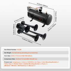 Train Horns Kit, 4 Trumpet Air Horn Kit, 150dB Train Horns for Pickup Trucks, 12V 120 psi Air Compressor 0.8 Gal/3 L Tank with Gauge for Any 12V Vehicle Car Truck Train Van Boat