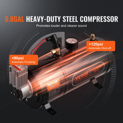 Train Horns Kit, 4 Trumpet Air Horn Kit, 150dB Train Horns for Pickup Trucks, 12V 120 psi Air Compressor 0.8 Gal/3 L Tank with Gauge for Any 12V Vehicle Car Truck Train Van Boat