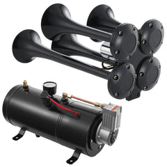 Train Horns Kit, 4 Trumpet Air Horn Kit, 150dB Train Horns for Pickup Trucks, 12V 120 psi Air Compressor 0.8 Gal/3 L Tank with Gauge for Any 12V Vehicle Car Truck Train Van Boat