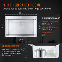 Kitchen Sink, 304 Stainless Steel Drop-In Sinks, Top Mount Single Bowl Basin with Accessories(Pack of 3), Household Dishwasher Sinks for Workstation, RV, Prep Kitchen, and Bar Sink, 33 inch