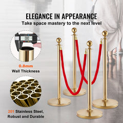 Stanchion Post with Velvet Rope, 4-Pack Crowd Control Stanchion with 3PCS 5FT Red Velvet Ropes, Stainless Steel Queue Barrier Line Divider with Fillable Base & Ball Top for Wedding Museum Party