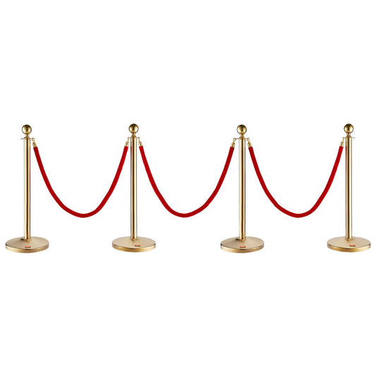 Stanchion Post with Velvet Rope, 4-Pack Crowd Control Stanchion with 3PCS 5FT Red Velvet Ropes, Stainless Steel Queue Barrier Line Divider with Fillable Base & Ball Top for Wedding Museum Party