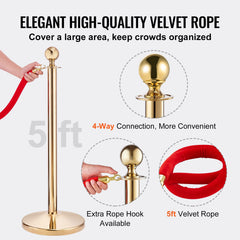 Stanchion Post with Velvet Rope, 6-Pack Crowd Control Stanchion with 4PCS 5FT Red Velvet Ropes, Stainless Steel Queue Barrier Line Divider with Fillable Base & Ball Top for Wedding Museum Party