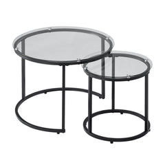 Nesting Coffee Table Set of 2, 600 mm Round Coffee Table, Glass Nesting Tables for Small Place, Modern End Side Tables Night Stand with Metal Frame, for Living Room, Bedroom, Balcony, Office
