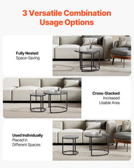Nesting Coffee Table Set of 2, 600 mm Round Coffee Table, Glass Nesting Tables for Small Place, Modern End Side Tables Night Stand with Metal Frame, for Living Room, Bedroom, Balcony, Office