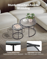 Nesting Coffee Table Set of 2, 600 mm Round Coffee Table, Glass Nesting Tables for Small Place, Modern End Side Tables Night Stand with Metal Frame, for Living Room, Bedroom, Balcony, Office