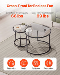Nesting Coffee Table Set of 2, 600 mm Round Coffee Table, Glass Nesting Tables for Small Place, Modern End Side Tables Night Stand with Metal Frame, for Living Room, Bedroom, Balcony, Office