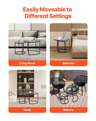 Nesting Coffee Table Set of 2, 600 mm Round Coffee Table, Glass Nesting Tables for Small Place, Modern End Side Tables Night Stand with Metal Frame, for Living Room, Bedroom, Balcony, Office