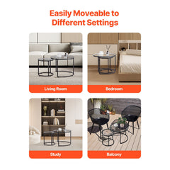 Nesting Coffee Table Set of 2, 600 mm Round Coffee Table, Glass Nesting Tables for Small Place, Modern End Side Tables Night Stand with Metal Frame, for Living Room, Bedroom, Balcony, Office