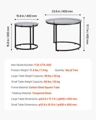 Nesting Coffee Table Set of 2, 600 mm Round Coffee Table, Glass Nesting Tables for Small Place, Modern End Side Tables Night Stand with Metal Frame, for Living Room, Bedroom, Balcony, Office