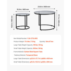 Nesting Coffee Table Set of 2, 600 mm Round Coffee Table, Glass Nesting Tables for Small Place, Modern End Side Tables Night Stand with Metal Frame, for Living Room, Bedroom, Balcony, Office