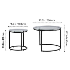 Nesting Coffee Table Set of 2, 600 mm Round Coffee Table, Glass Nesting Tables for Small Place, Modern End Side Tables Night Stand with Metal Frame, for Living Room, Bedroom, Balcony, Office