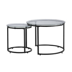 Nesting Coffee Table Set of 2, 600 mm Round Coffee Table, Glass Nesting Tables for Small Place, Modern End Side Tables Night Stand with Metal Frame, for Living Room, Bedroom, Balcony, Office