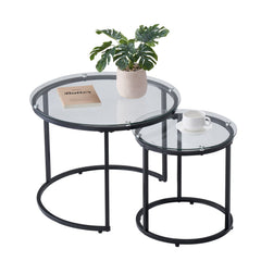 Nesting Coffee Table Set of 2, 600 mm Round Coffee Table, Glass Nesting Tables for Small Place, Modern End Side Tables Night Stand with Metal Frame, for Living Room, Bedroom, Balcony, Office