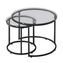 Nesting Coffee Table Set of 2, 600 mm Round Coffee Table, Glass Nesting Tables for Small Place, Modern End Side Tables Night Stand with Metal Frame, for Living Room, Bedroom, Balcony, Office