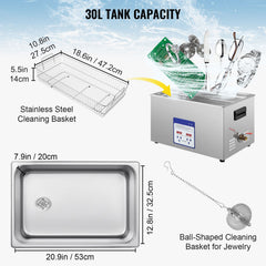 Digital Ultrasonic Cleaner 30L Ultrasonic Cleaning Machine 40kHz Sonic Cleaner Machine 316 & 304 Stainless Steel Ultrasonic Cleaner Machine with Heater & Timer for Cleaning Jewelry Glasses Watch