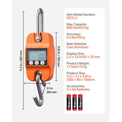 Digital Crane Scale, 880 lbs/400 kg Max Capacity, Handheld Hanging Scale with Cast Aluminum Case & LCD Display, 100 g Division & 3 Unit Switch, Auto-Off Setting for Farm Hunting Fishing, Orange