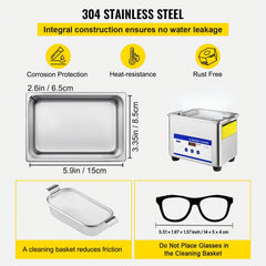 0.8L Professional Ultrasonic Cleaner 304 Stainless Steel Digital Lab Ultrasonic Cleaner with Timer for Jewelry Watch Glasses Circuit Board Dentures Small Parts Dental Instrument (0.8L)