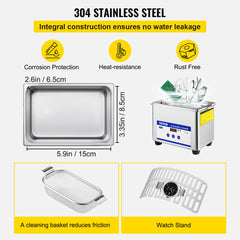 0.8L Professional Ultrasonic Cleaner 304 Stainless Steel Digital Lab Ultrasonic Cleaner with Timer for Jewelry Watch Glasses Circuit Board Dentures Small Parts Dental Instrument (0.8L)