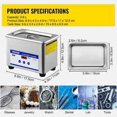 0.8L Professional Ultrasonic Cleaner 304 Stainless Steel Digital Lab Ultrasonic Cleaner with Timer for Jewelry Watch Glasses Circuit Board Dentures Small Parts Dental Instrument (0.8L)