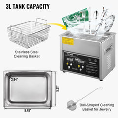 Digital Ultrasonic Cleaner 3L Ultrasonic Cleaning Machine 220V 50kHz Sonic Cleaner Machine 304 Stainless Steel Ultrasonic Cleaner Machine with Heater and Timer for Cleaning Jewelry Glasses Watch